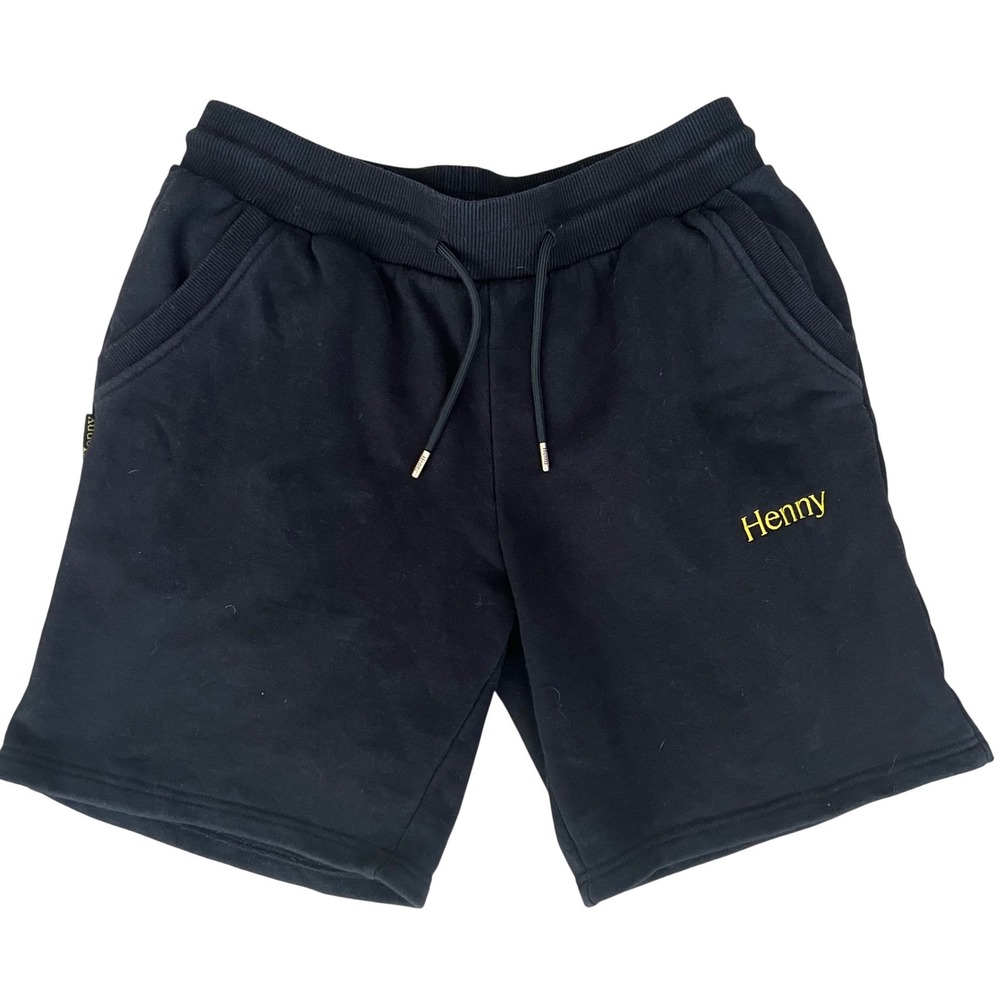 Henny Black Fleece Sweat Shorts Gold Logo Drawstring Pockets. Mens Size Medium